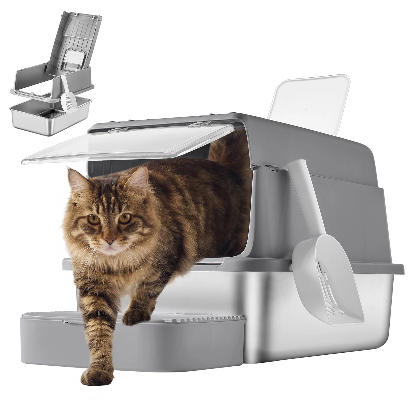 Feandrea Stainless Steel Cat Litter Box with Flip Lid, Litter Catcher Mat and Box, 2 Doors, Scoop, for Cats up to 33 lb