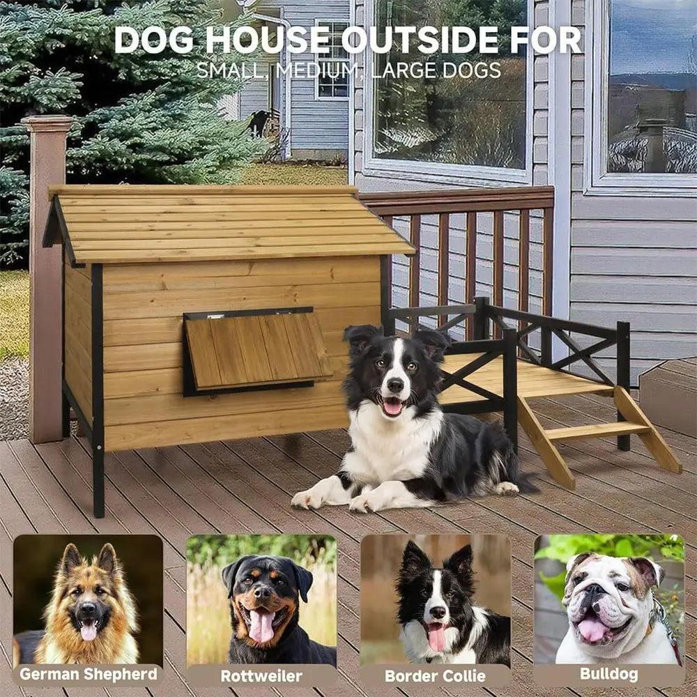 Wooden Large Dog House 43.3" L x 69.9" W x 32.7" H Extreme Outback Log Cabin Weatherproo Outdoor Pet Kennel, Cabin Style Elevate