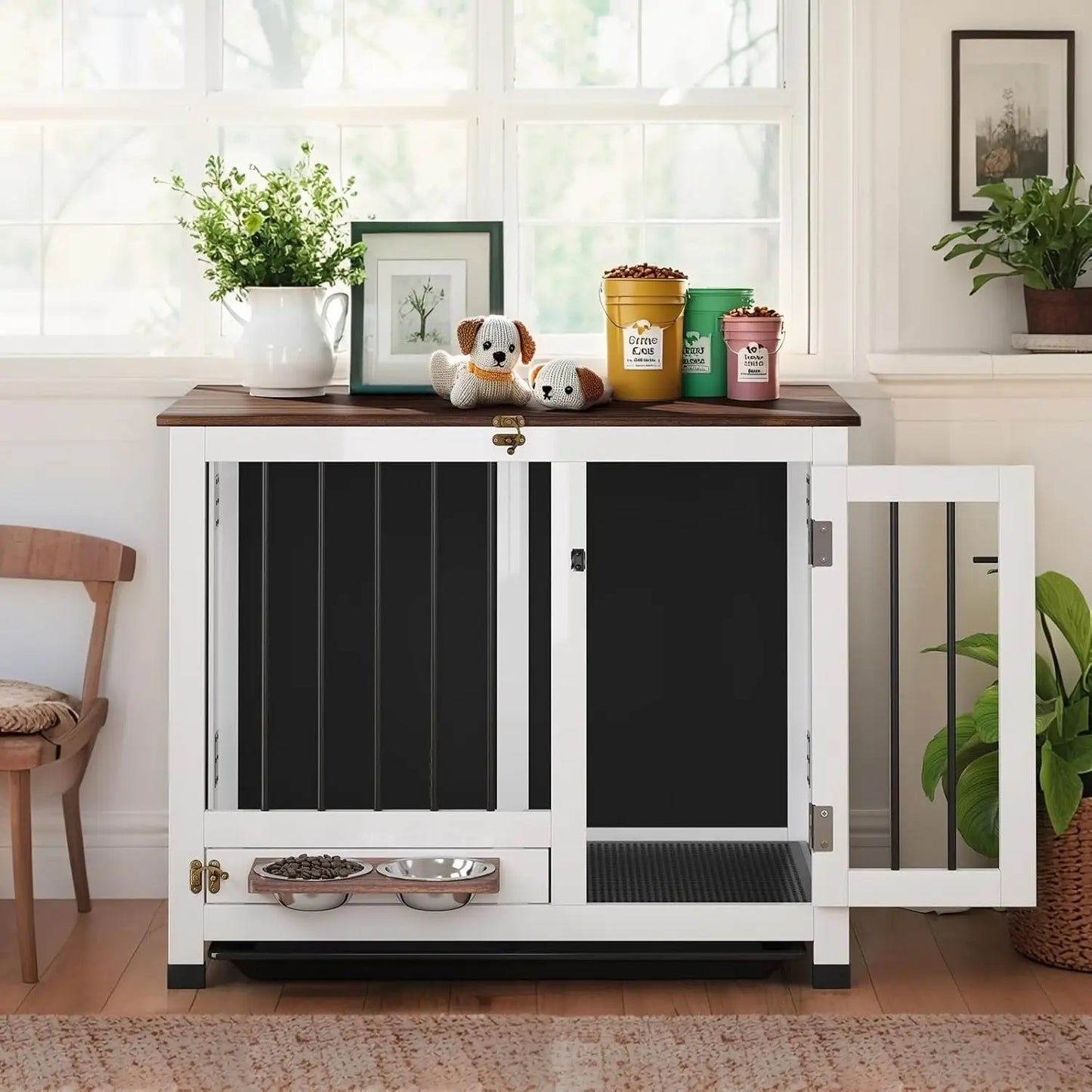 Dog Crate - 31.5" Wooden Dog Kennel Furniture with 360° Rotating Feeder & Removable Tray |