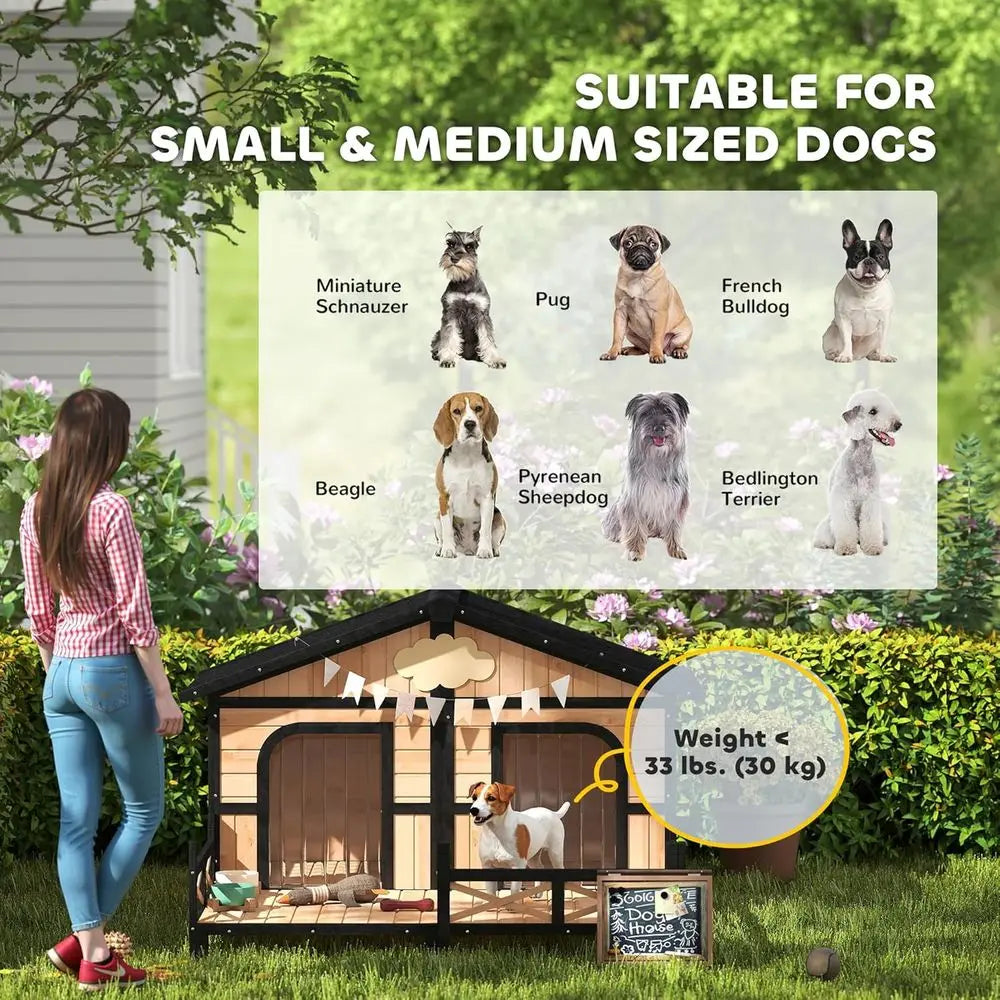 Outdoor Wooden Dog Kennel with Porch, Removable Bottom, and Double Room for Medium Breeds