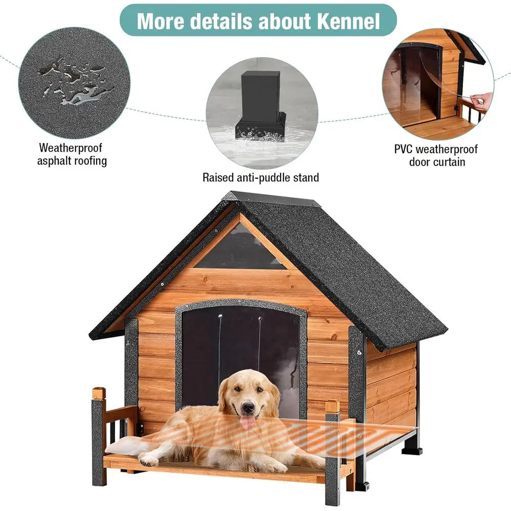 Insulated Dog House with Heating Pad, Weatherproof Outdoor Kennel for Large Dogs, Chew-Resistant Iron and Asphalt Roof (Wood-H,
