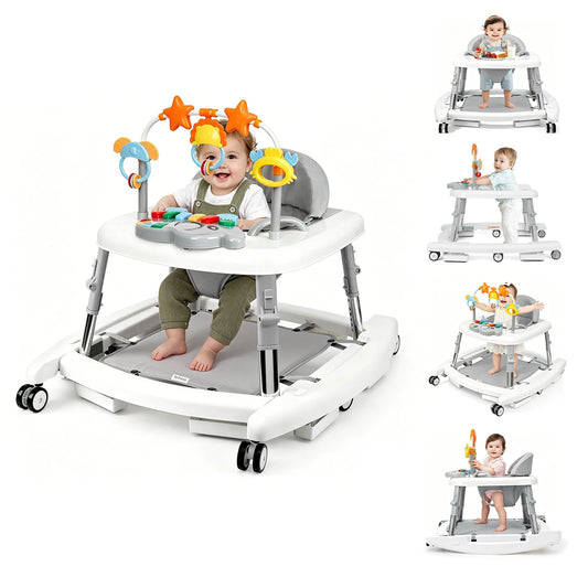 5 in 1 Baby Walker Adjustable Height Foldable Baby Activity Center, Infant Walker Bouncer Rocker Push Walker with Music Toys, Eating Seat for Baby Boys Girls