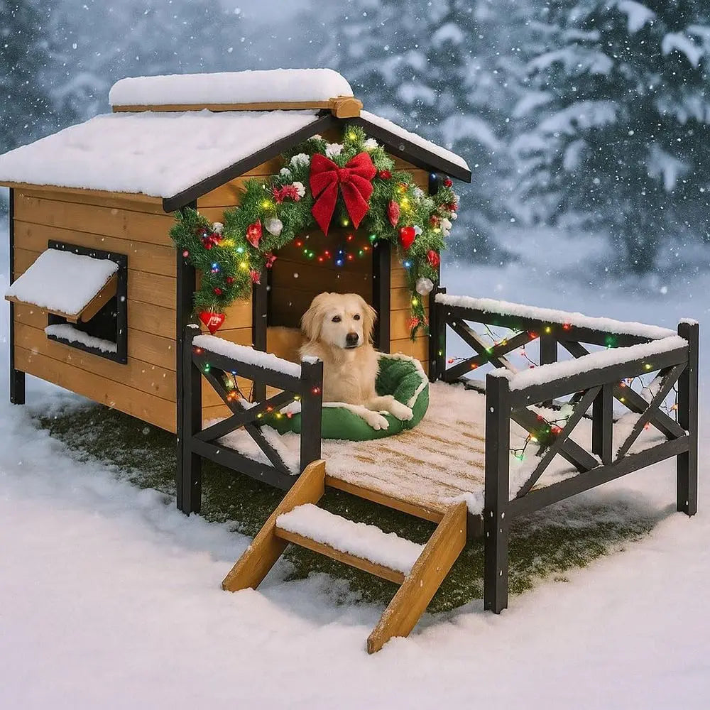 Wooden Large Dog House 43.3" L x 69.9" W x 32.7" H Extreme Outback Log Cabin Weatherproo Outdoor Pet Kennel, Cabin Style Elevate