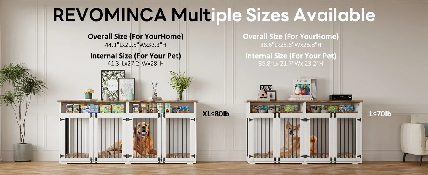 72 Inch Dog Crate Furniture for 2 Dogs Wooden Dog Crate with Storage Compartments Indoor Kennel with 4 Doors