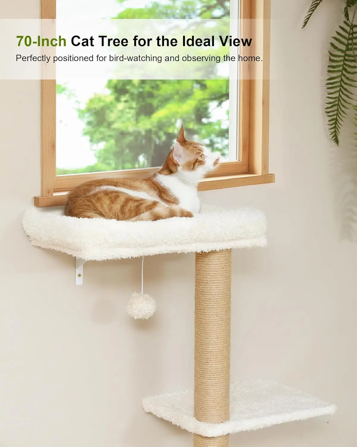 Cat Wall Shelves Set, 70 Inch Stable Wall Mounted Tree with Soft Cushion Perch, Space Saving Climbing Furniture for 16" Drywall - Beige