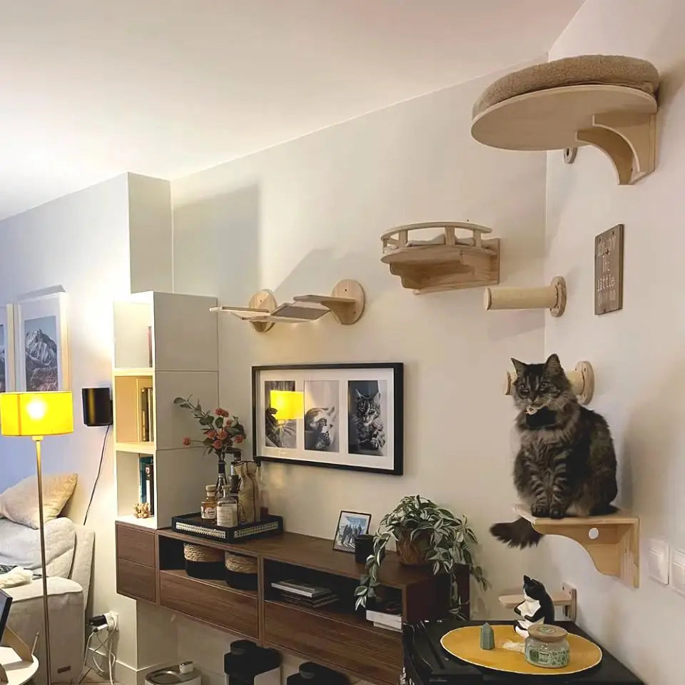 Cat Climbing Shelf Wall Cat Furniture Wooden Tree Tower Scratching Post Hiding House Nest Hanging Hammock Ladder Indoor Cats Gym
