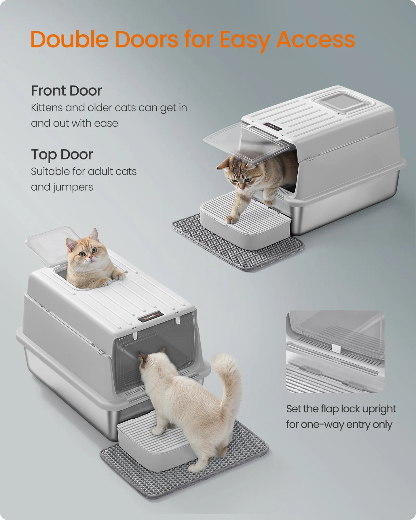 Feandrea Stainless Steel Cat Litter Box with Flip Lid, Litter Catcher Mat and Box, 2 Doors, Scoop, for Cats up to 33 lb