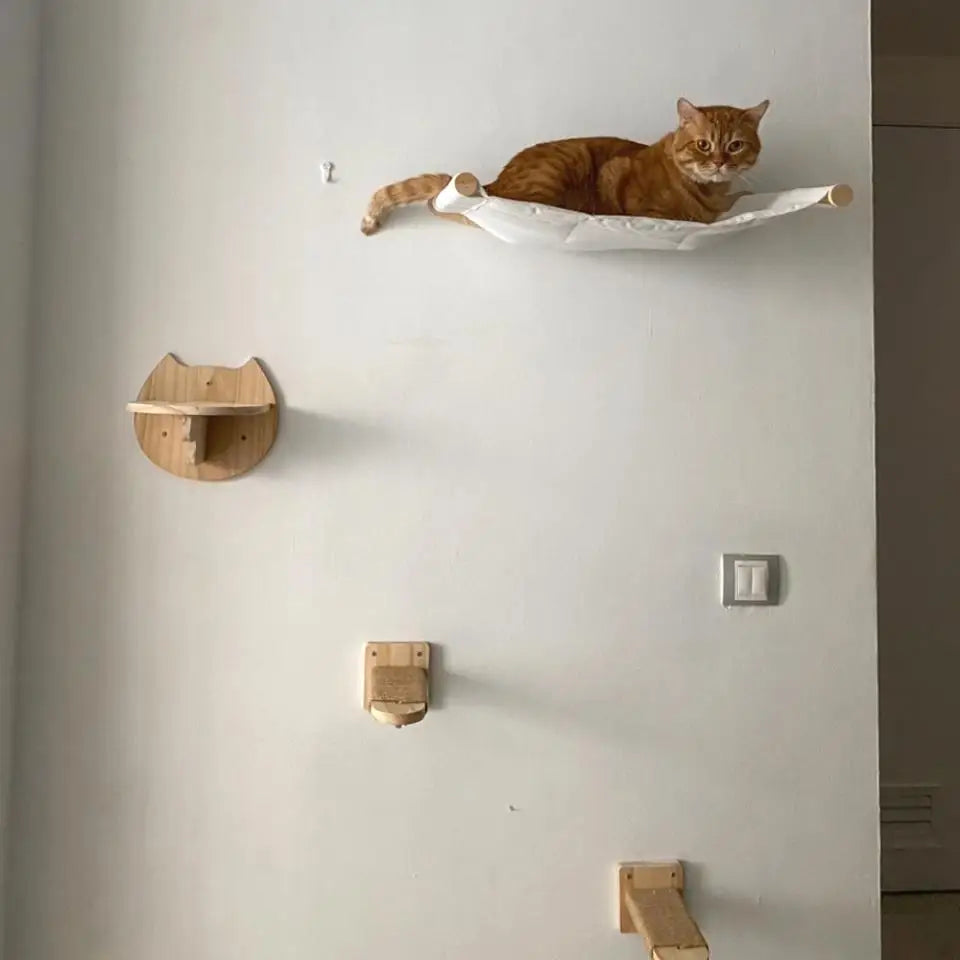 Wall-Mounted Cat Climbing Rope Wooden Cat Tree Hammock Step Ladder Natural Sisal Cat Scratching Post Indoor Wall Cat Furniture