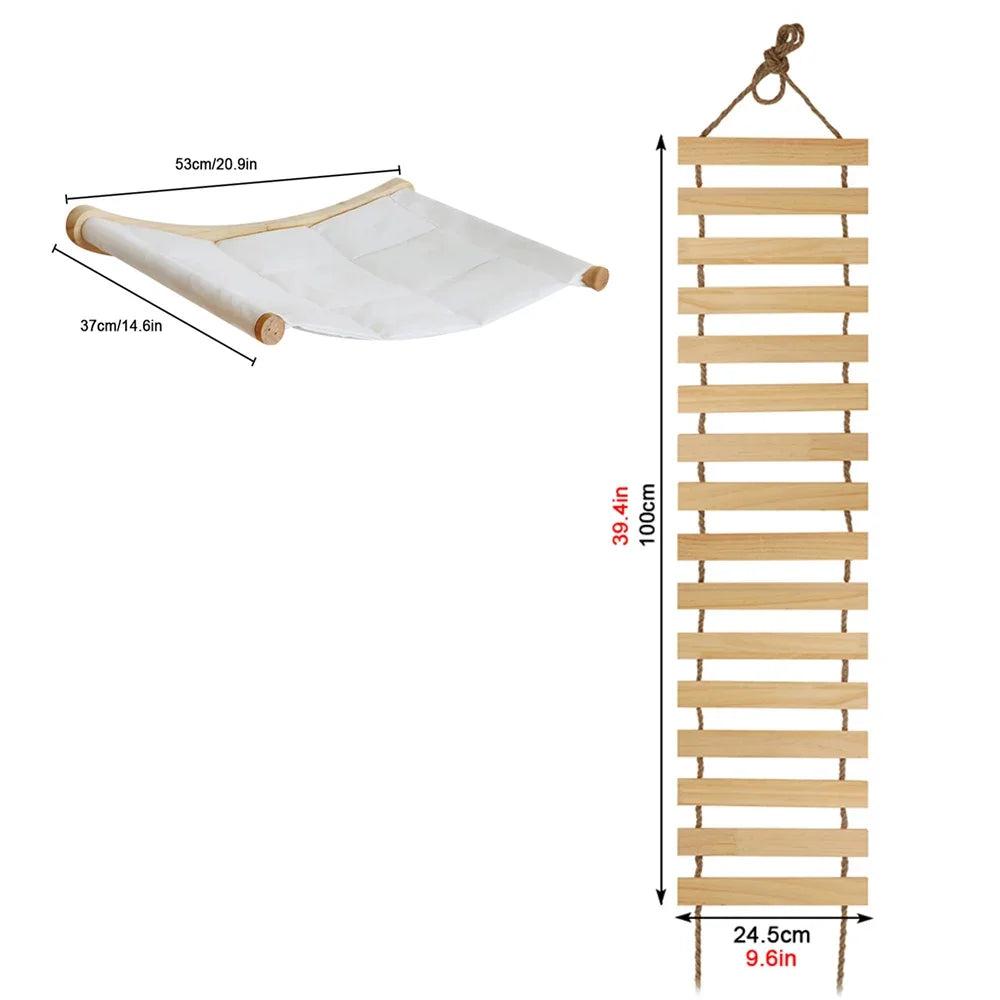 Wall-Mounted Cat Climbing Rope Wooden Cat Tree Hammock Step Ladder Natural Sisal Cat Scratching Post Indoor Wall Cat Furniture