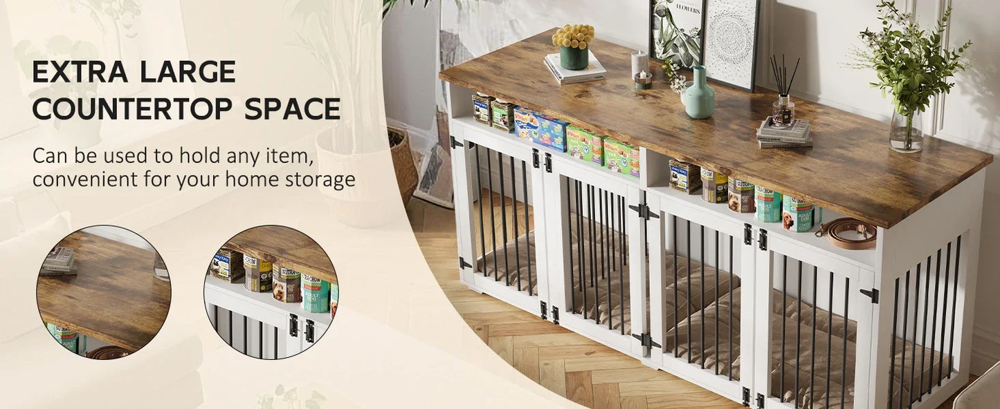72 Inch Dog Crate Furniture for 2 Dogs Wooden Dog Crate with Storage Compartments Indoor Kennel with 4 Doors