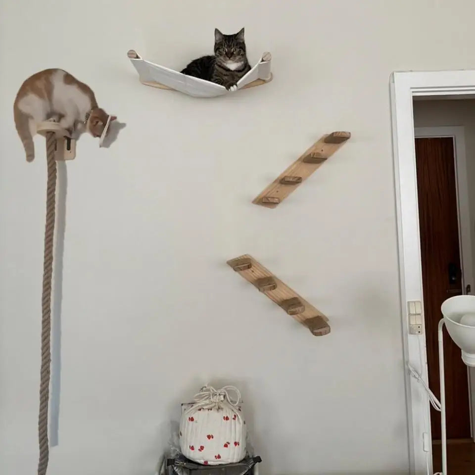 Wall-Mounted Cat Climbing Rope Wooden Cat Tree Hammock Step Ladder Natural Sisal Cat Scratching Post Indoor Wall Cat Furniture