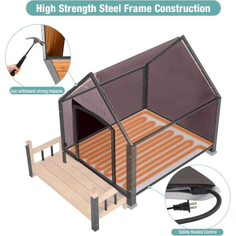 Insulated Dog House with Heating Pad, Weatherproof Outdoor Kennel for Large Dogs, Chew-Resistant Iron and Asphalt Roof (Wood-H,