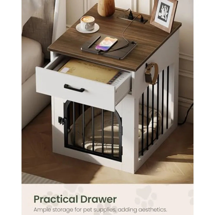 Dog Crate Furniture, Wooden Dog House with Charging Station and Storage Drawer, Indoor Pet Crate End Table for Small Breeds, Do
