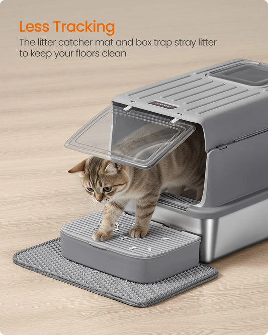 Feandrea Stainless Steel Cat Litter Box with Flip Lid, Litter Catcher Mat and Box, 2 Doors, Scoop, for Cats up to 33 lb