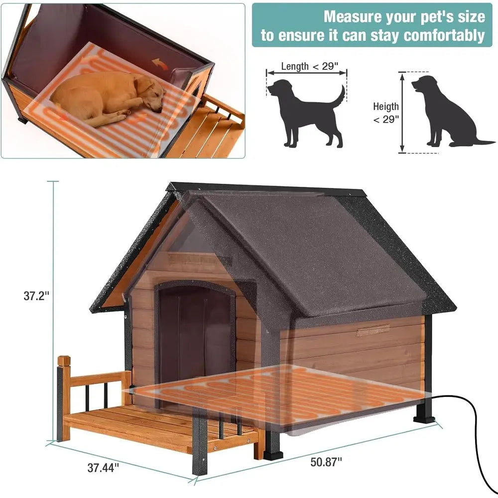Insulated Dog House with Heating Pad, Weatherproof Outdoor Kennel for Large Dogs, Chew-Resistant Iron and Asphalt Roof (Wood-H,