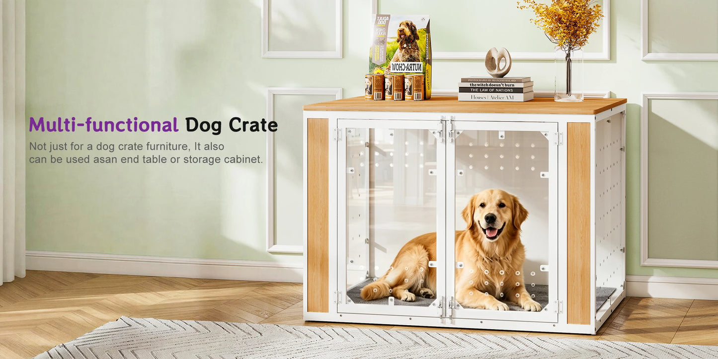 Modern Acrylic Dog Crate Furniture with Wood Top,Indoor Dog Crate Furniture Style End Table,Chew-Proof Breathable Pet Kennel with Double Doors,Stylish Indoor Dog House End Table for Medium to Large Dogs, (Suitable for 20-90lb