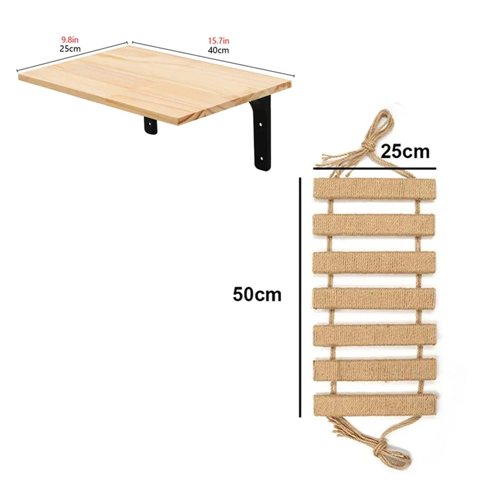 Wall-Mounted Cat Climbing Rope Wooden Cat Tree Hammock Step Ladder Natural Sisal Cat Scratching Post Indoor Wall Cat Furniture