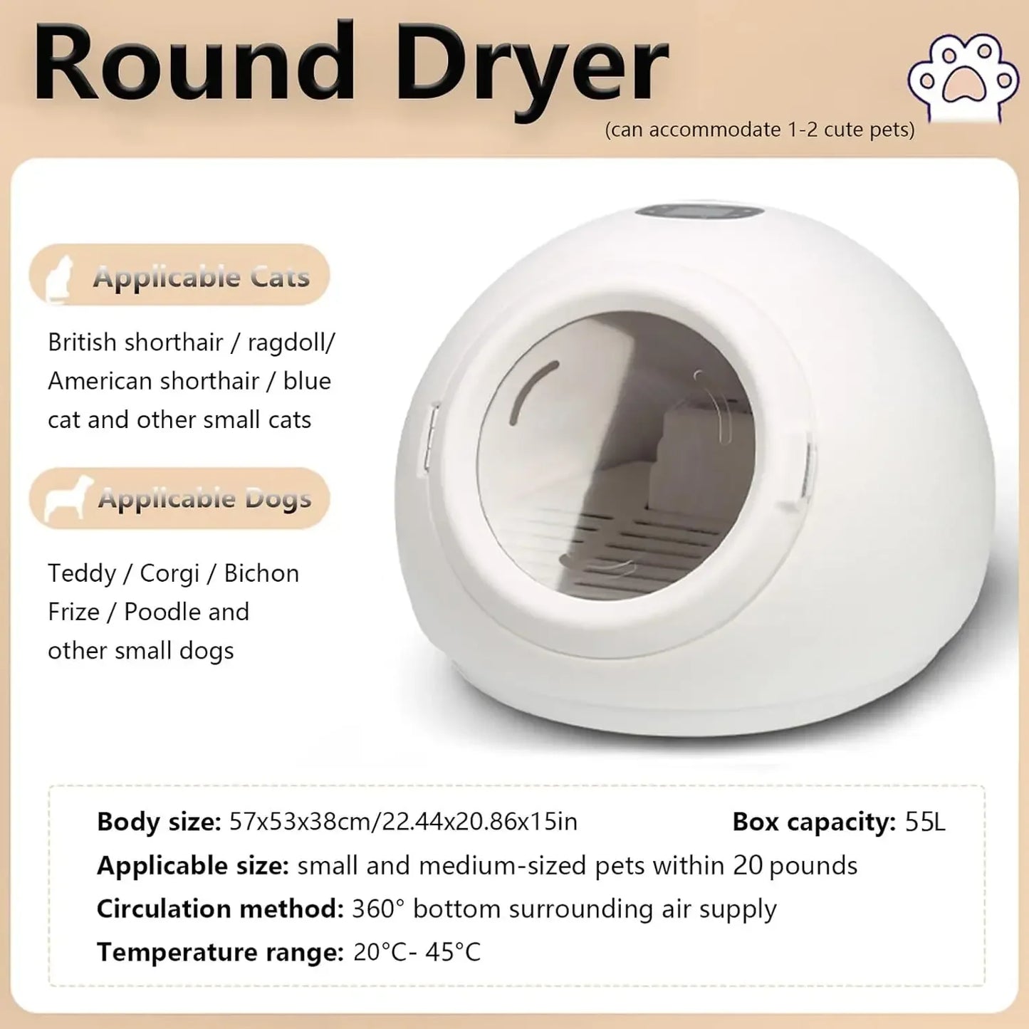 55L Automatic Pet Dryer Box, Adjustable Temp & Time, 110V for Cats & Small Dogs Grooming, Custom