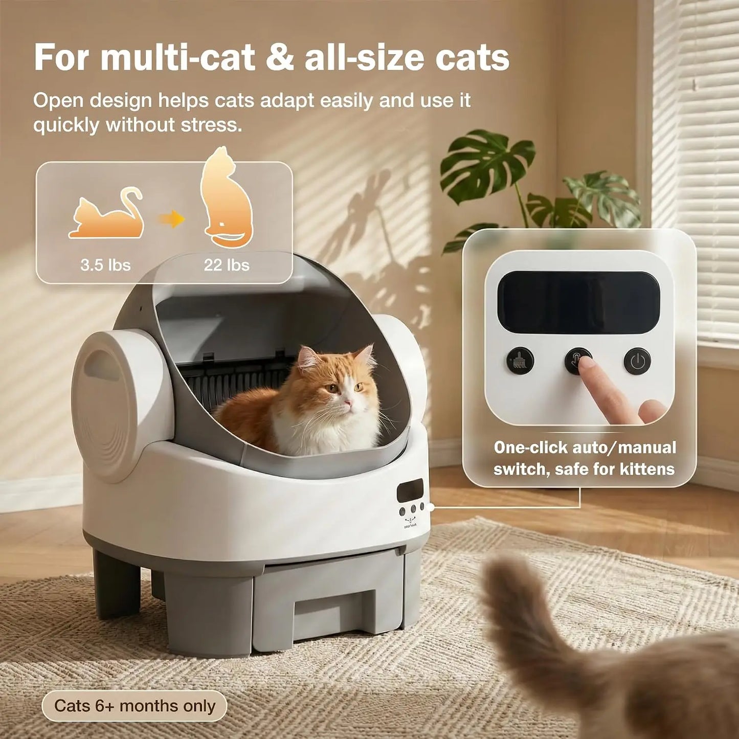 Self-Cleaning Cat Litter Box, Open-Top Automatic Litter Box with Child Lock, 10L Large Capacity Waste Drawer, No APP, Custom