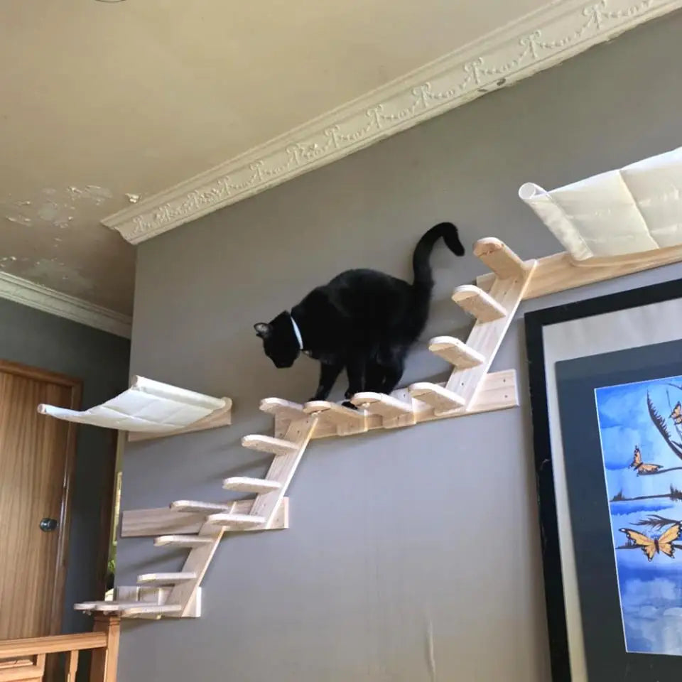 Wall-Mounted Cat Climbing Rope Wooden Cat Tree Hammock Step Ladder Natural Sisal Cat Scratching Post Indoor Wall Cat Furniture