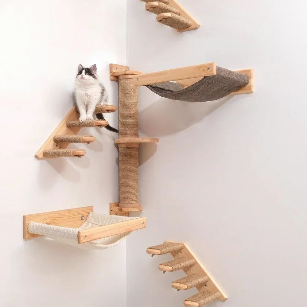 Wall-Mounted Cat Climbing Rope Wooden Cat Tree Hammock Step Ladder Natural Sisal Cat Scratching Post Indoor Wall Cat Furniture