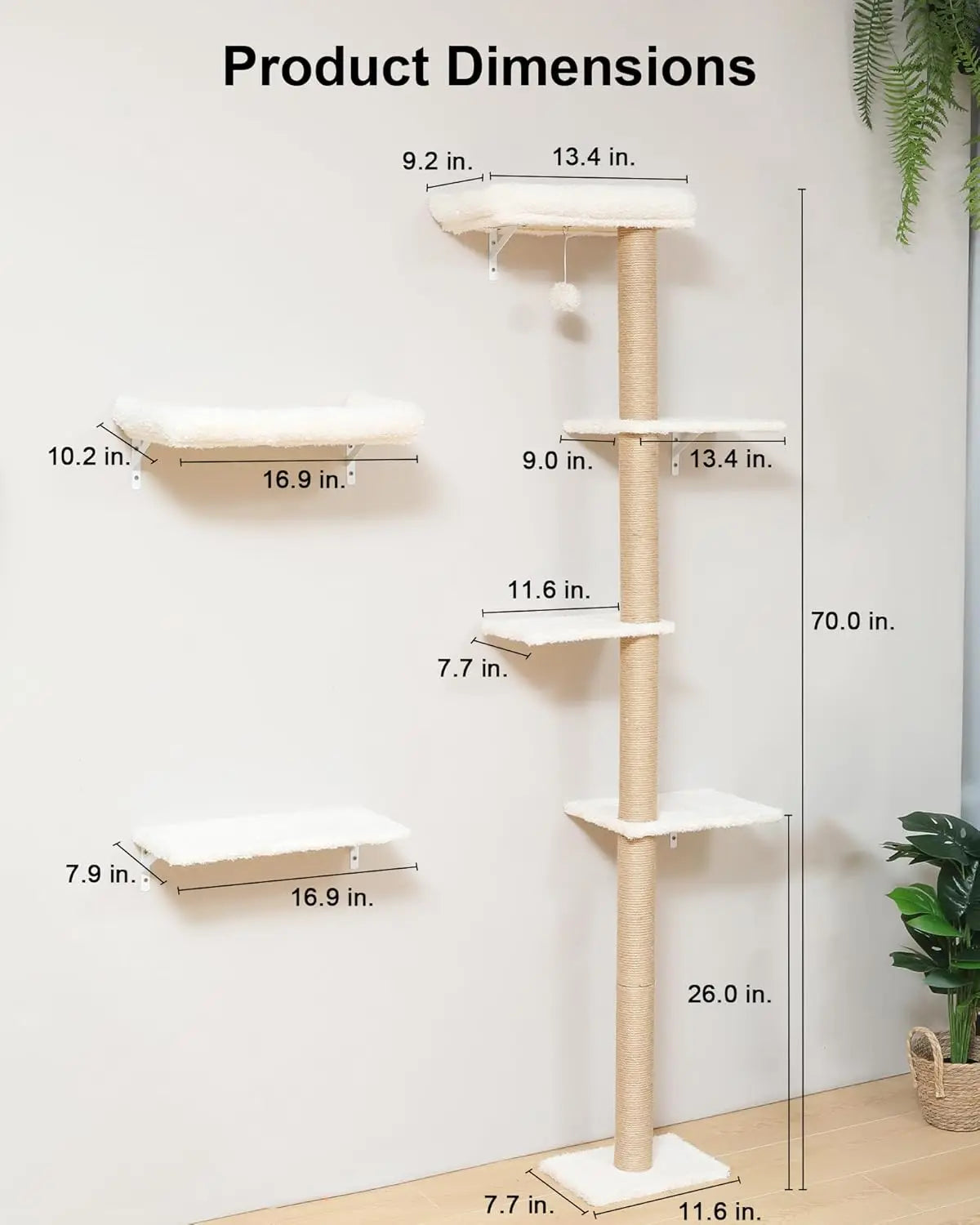Cat Wall Shelves Set, 70 Inch Stable Wall Mounted Tree with Soft Cushion Perch, Space Saving Climbing Furniture for 16" Drywall - Beige