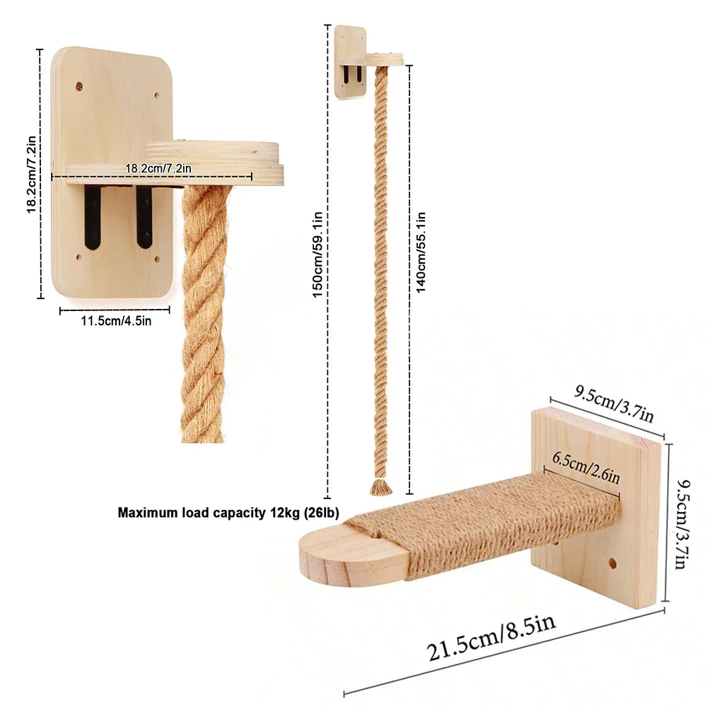Wall-Mounted Cat Climbing Rope Wooden Cat Tree Hammock Step Ladder Natural Sisal Cat Scratching Post Indoor Wall Cat Furniture