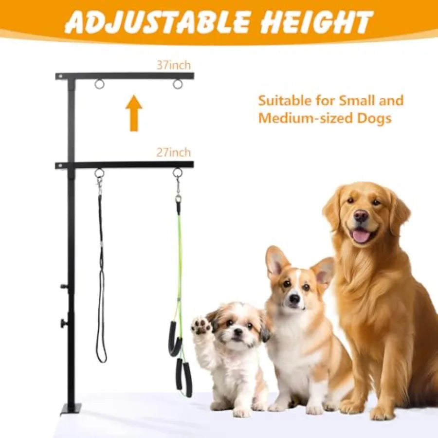 Dog Grooming Arm with Dual-Spiral Clamp Adjustable Height 27-37 inch Dog Grooming Table Arm with Hammock Groom Restraint for Sm