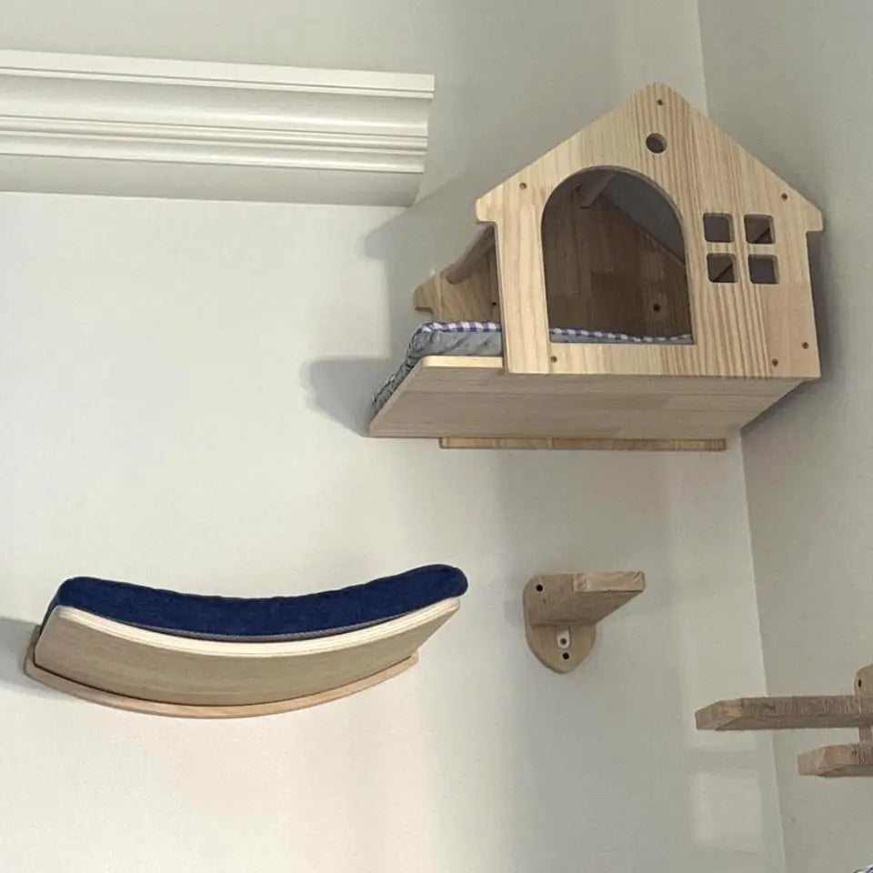 Cat Climbing Shelf Wall Cat Furniture Wooden Tree Tower Scratching Post Hiding House Nest Hanging Hammock Ladder Indoor Cats Gym