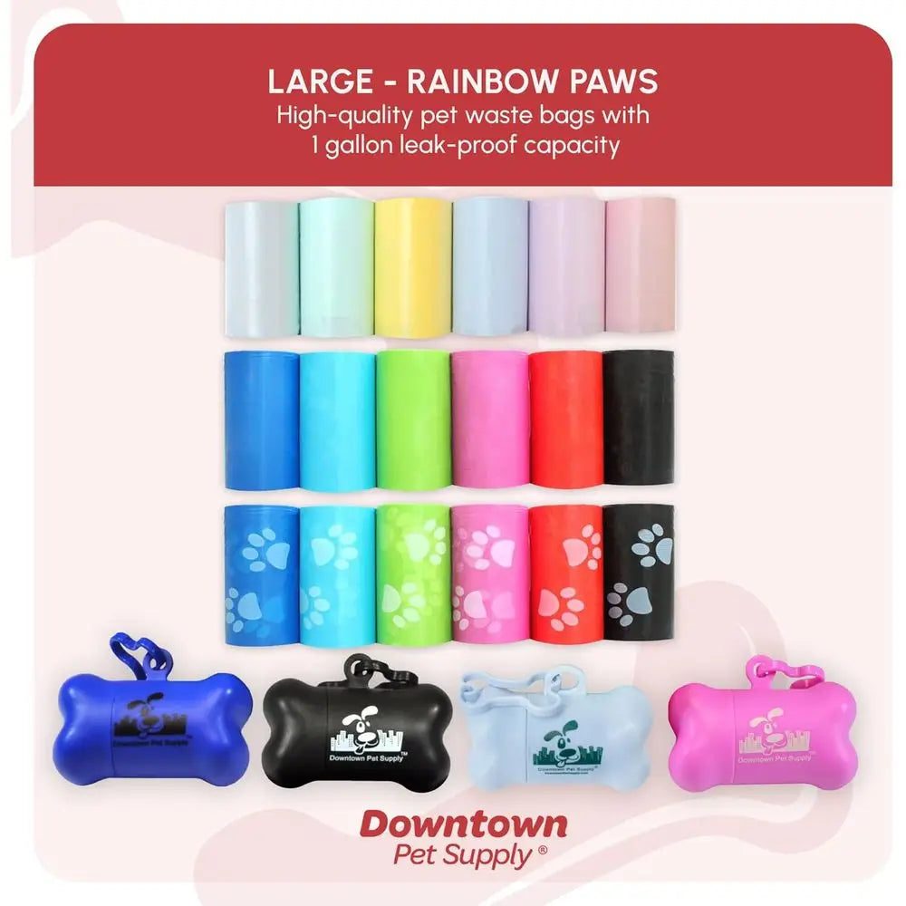Dog Waste Bags with Dispenser, 180 Count - Leak-Proof and Bone-Shaped Holder or Leash, 12.5 x 8.5, Rainbow with Paw Prints