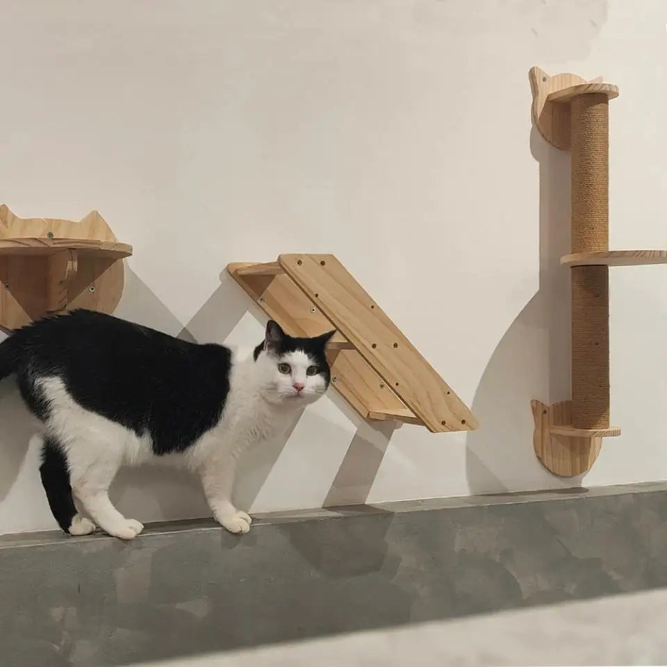Wooden Cat Climbing Shelves Wall Mounted Cat Tree Sisal Scratching Post Pedal Hammock Indoor Kitten Playground Cats Accessories