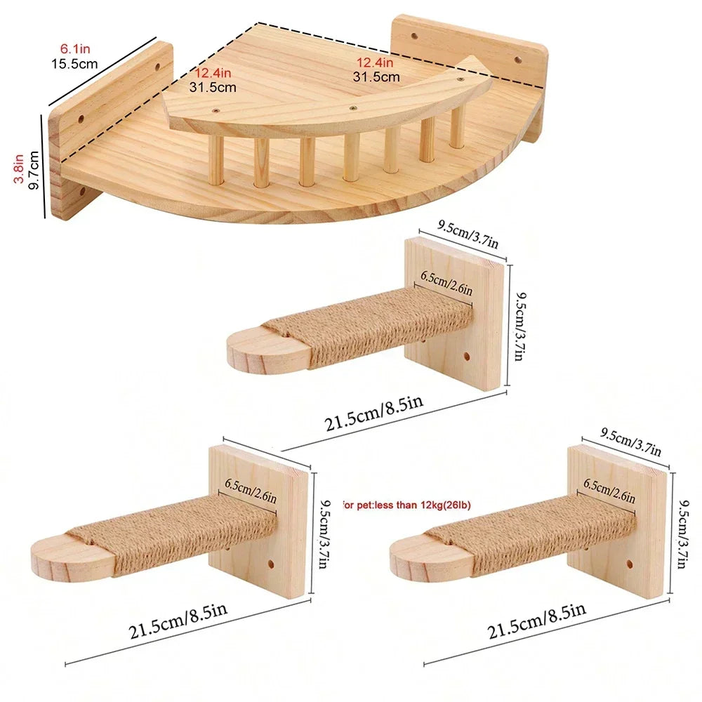 Cat Climbing Shelf Wall Cat Furniture Wooden Tree Tower Scratching Post Hiding House Nest Hanging Hammock Ladder Indoor Cats Gym