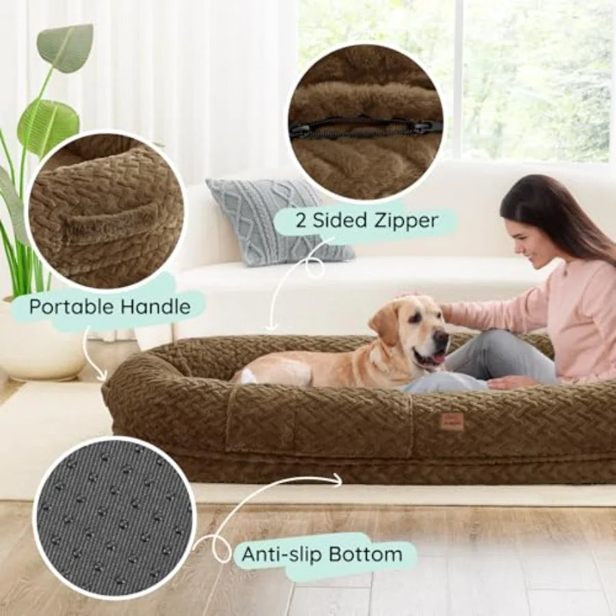 Human Dog Bed for Adult Luxury Faux Fur Giant Size with Portable Handle Egg Orthopedic Foam Blanket 72x40x10 Brown