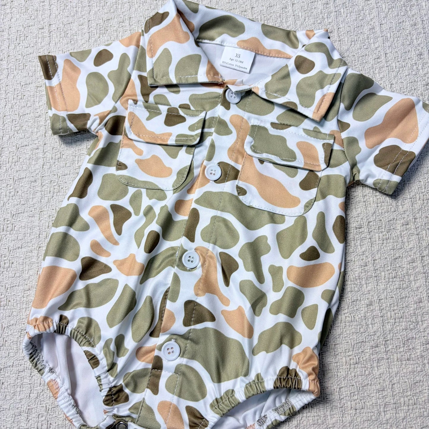 Sibling Baby Boy Camouflage Romper with Pockets Short Sleeve Button-Up Sibling Outfit