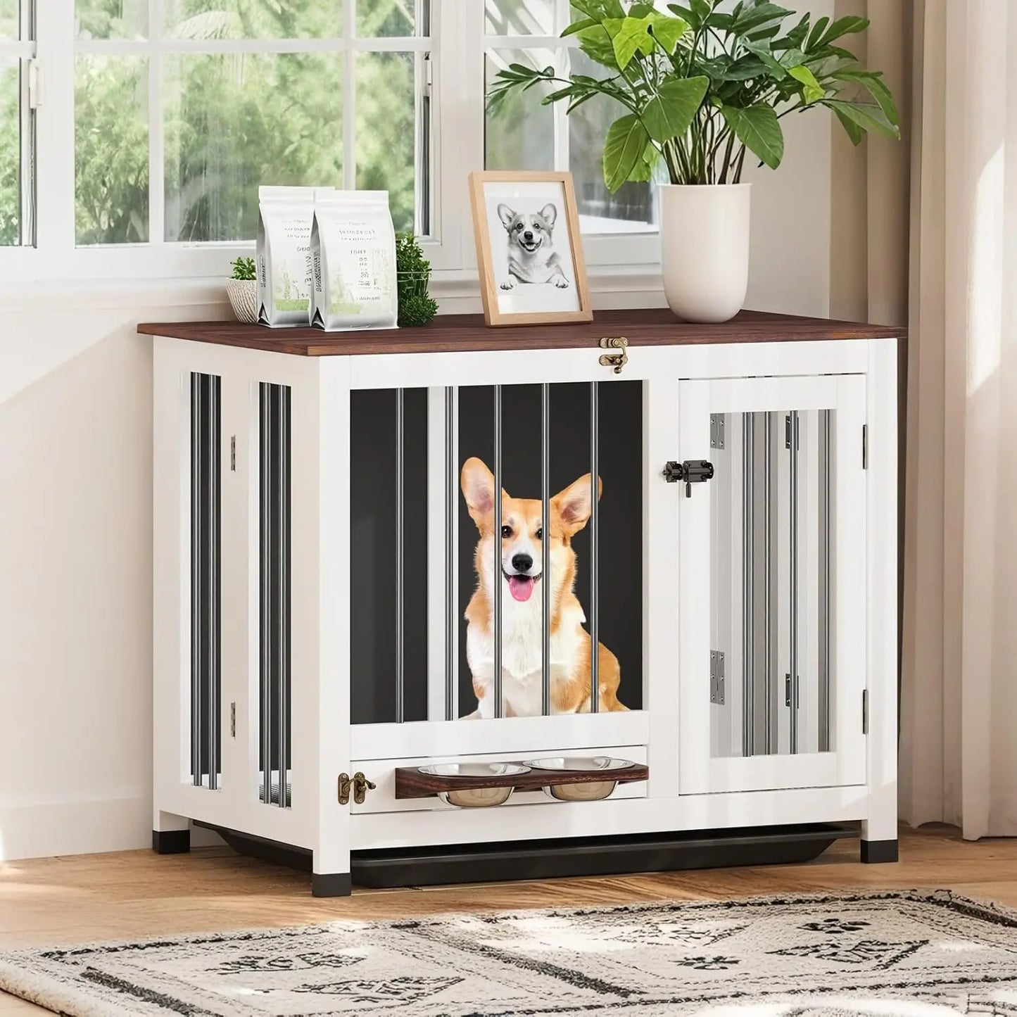Dog Crate - 31.5" Wooden Dog Kennel Furniture with 360° Rotating Feeder & Removable Tray |