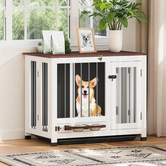 Dog Crate - 31.5" Wooden Dog Kennel Furniture with 360° Rotating Feeder & Removable Tray |