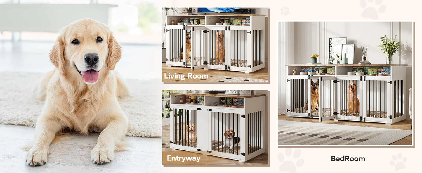 72 Inch Dog Crate Furniture for 2 Dogs Wooden Dog Crate with Storage Compartments Indoor Kennel with 4 Doors
