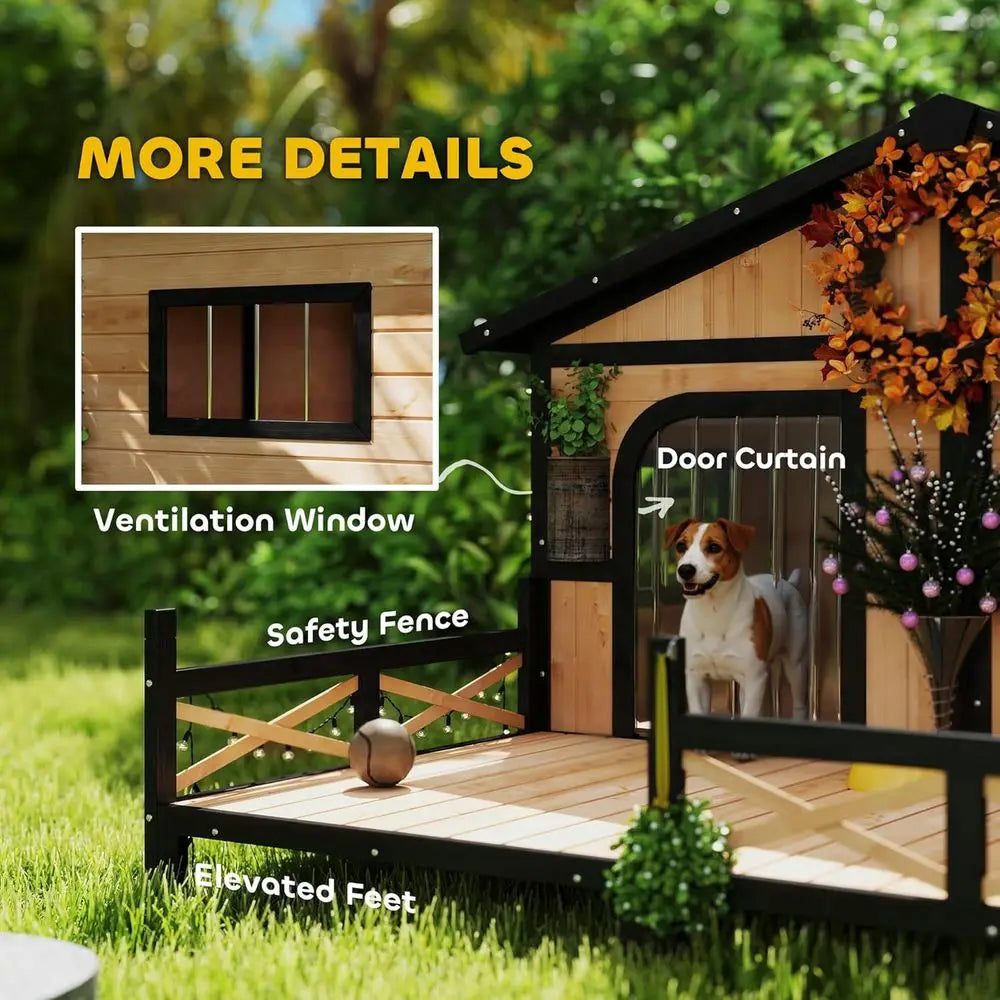 Outdoor Wooden Dog Kennel with Porch, Removable Bottom, and Double Room for Medium Breeds