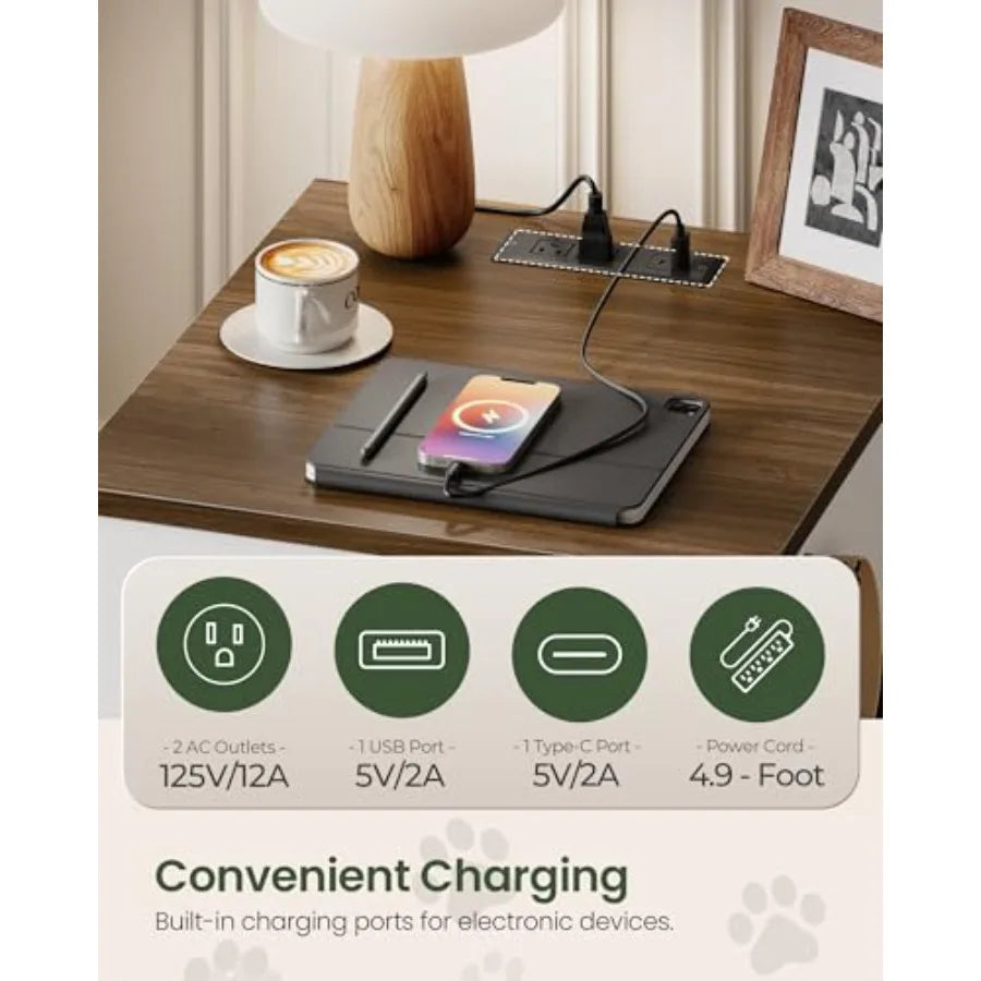 Dog Crate Furniture, Wooden Dog House with Charging Station and Storage Drawer, Indoor Pet Crate End Table for Small Breeds, Do