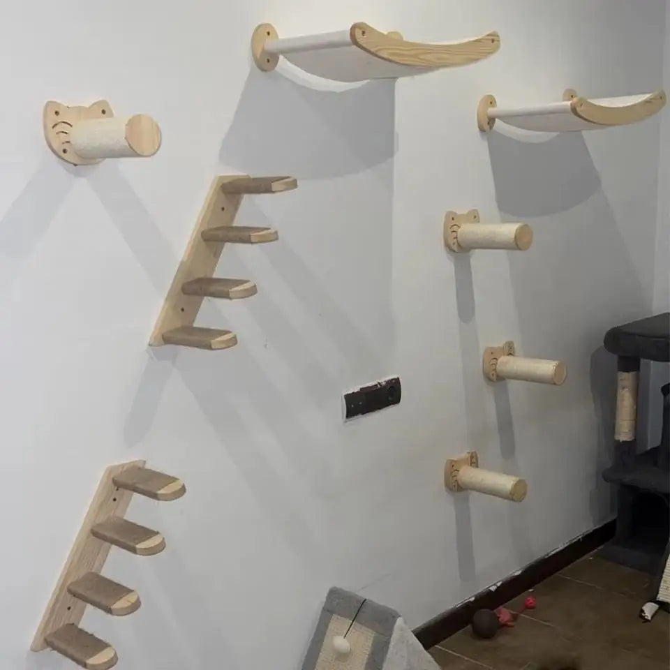 Cat Climbing Shelf Wall Cat Furniture Wooden Tree Tower Scratching Post Hiding House Nest Hanging Hammock Ladder Indoor Cats Gym