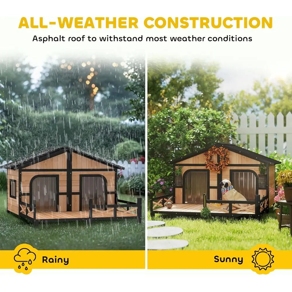 Outdoor Wooden Dog Kennel with Porch, Removable Bottom, and Double Room for Medium Breeds