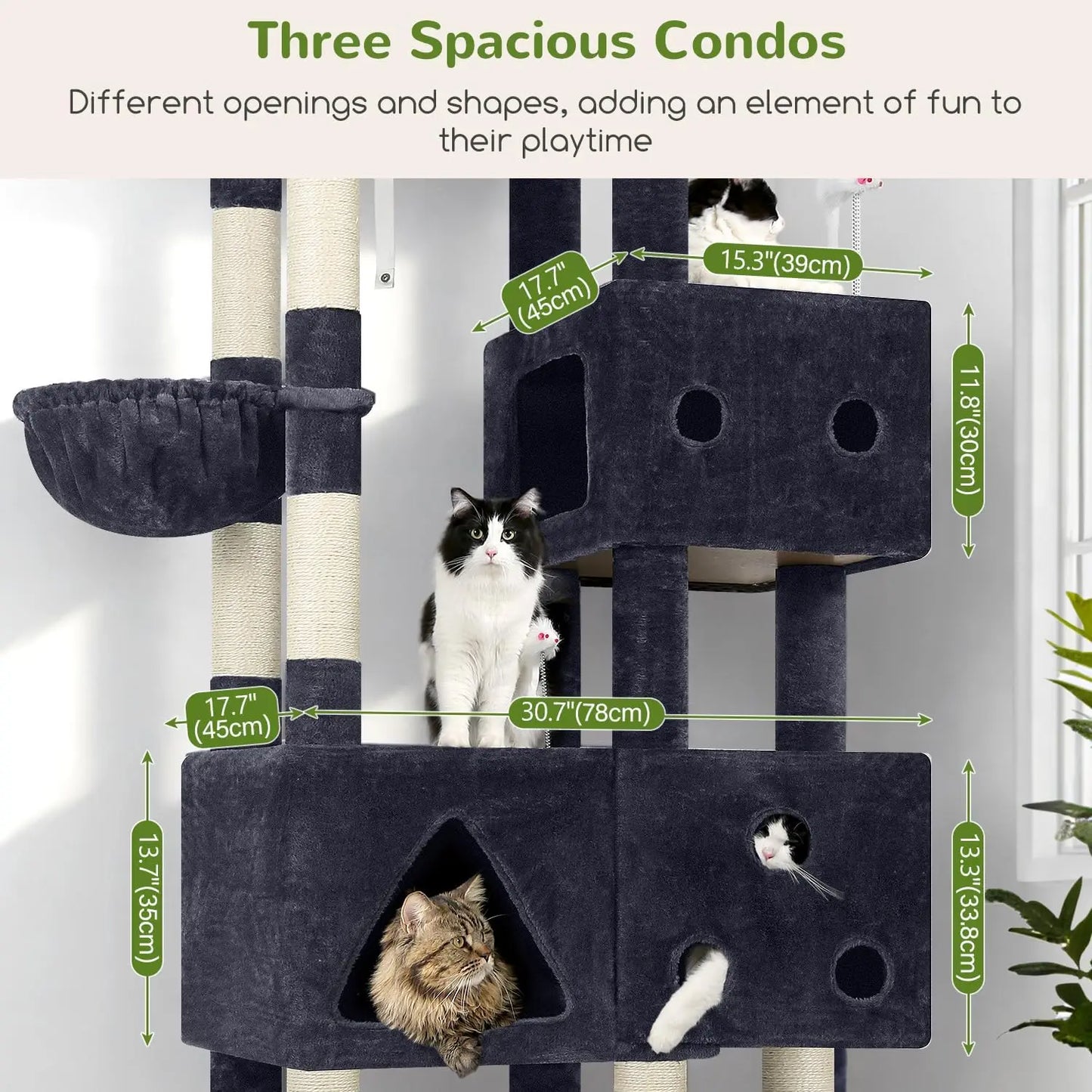 81" Cat Tower for Large Cats, Heavy Duty Cat Tree with 3 Condos, 8 Scratching Posts, Dark Grey