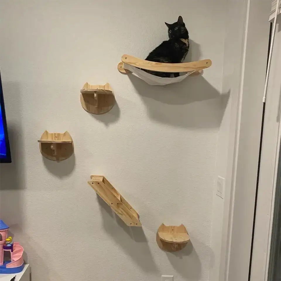Wooden Cat Climbing Shelves Wall Mounted Cat Tree Sisal Scratching Post Pedal Hammock Indoor Kitten Playground Cats Accessories