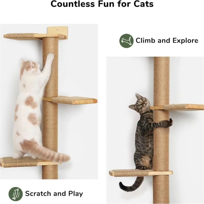 Cat Activity Tree With Scratching Posts Wall Mounted Sisal Scratcher Pine Wall Climbing For Indoor Cats Accessories