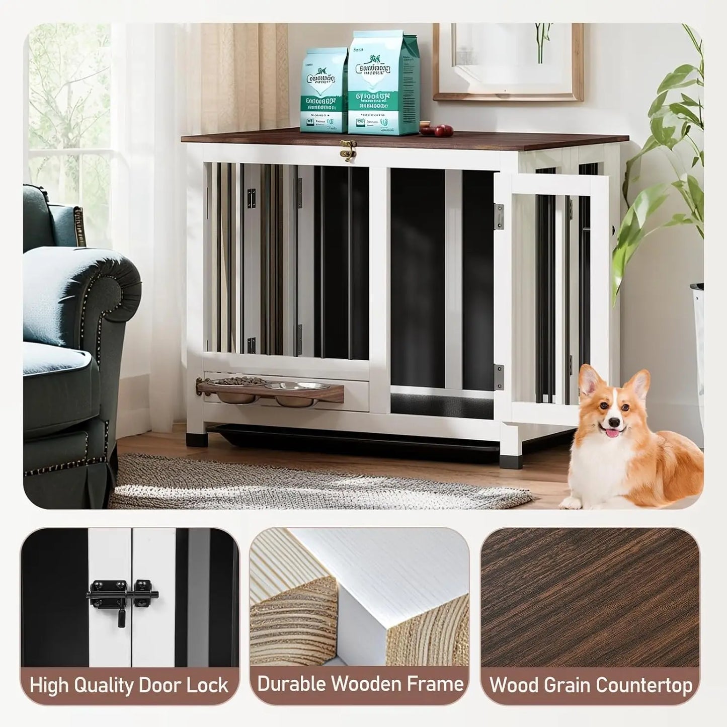 Dog Crate - 31.5" Wooden Dog Kennel Furniture with 360° Rotating Feeder & Removable Tray |
