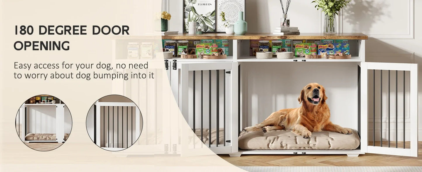72 Inch Dog Crate Furniture for 2 Dogs Wooden Dog Crate with Storage Compartments Indoor Kennel with 4 Doors