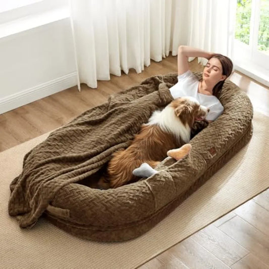 Human Dog Bed for Adult Luxury Faux Fur Giant Size with Portable Handle Egg Orthopedic Foam Blanket 72x40x10 Brown