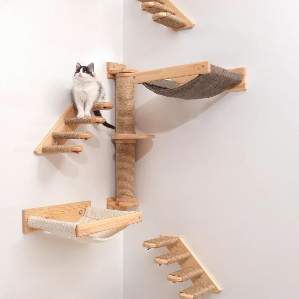 Cat Climbing Shelf Wall Cat Furniture Wooden Tree Tower Scratching Post Hiding House Nest Hanging Hammock Ladder Indoor Cats Gym