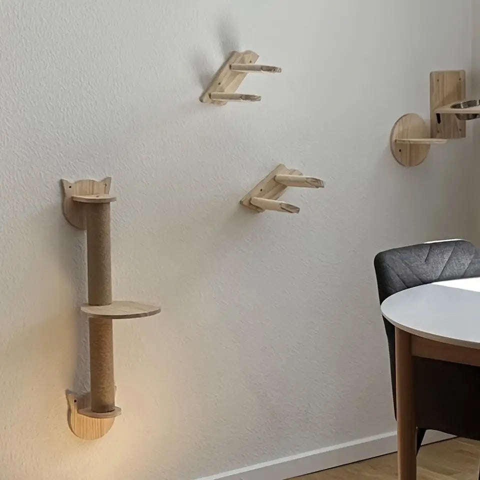 Wooden Cat Climbing Shelves Wall Mounted Cat Tree Sisal Scratching Post Pedal Hammock Indoor Kitten Playground Cats Accessories
