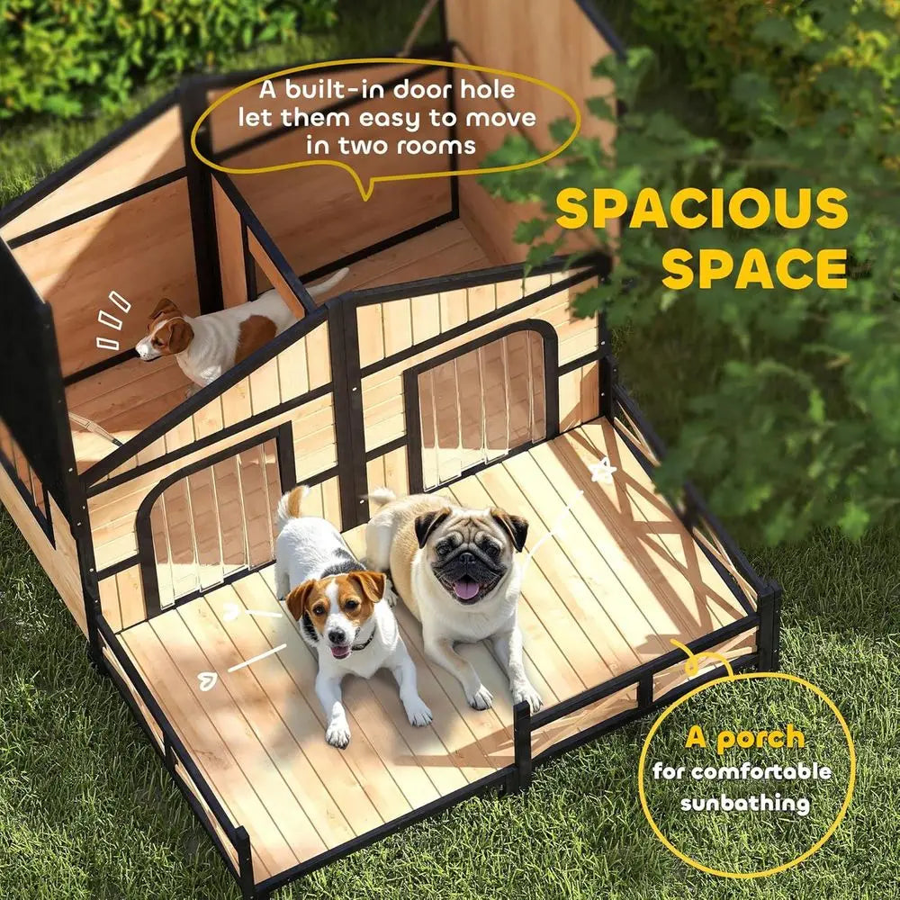 Outdoor Wooden Dog Kennel with Porch, Removable Bottom, and Double Room for Medium Breeds
